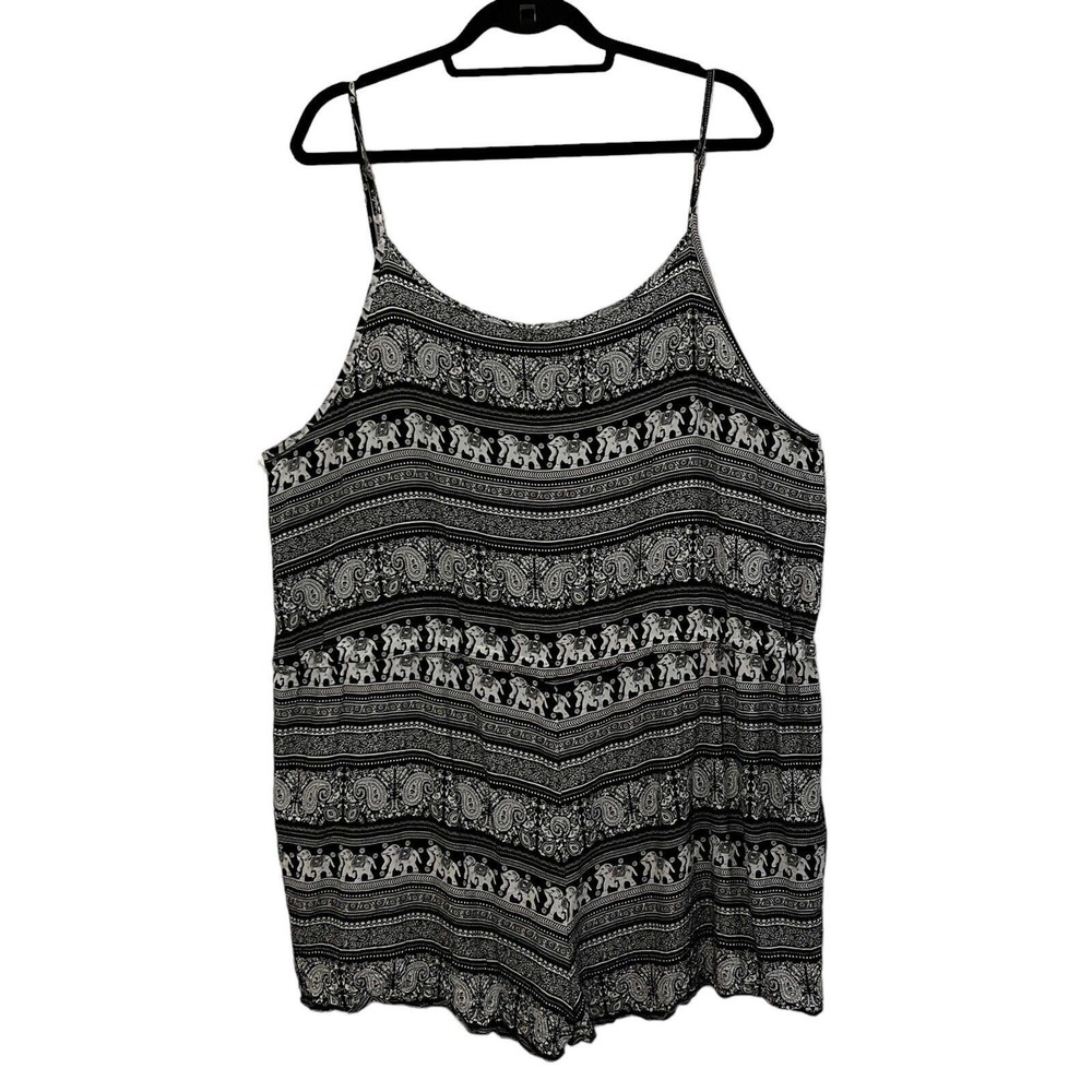 Meanor Womens Romper 20W Black White Elephant Print Drawstring Waist Adjustable